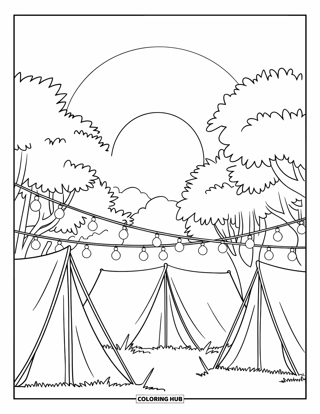 Desenho de pôr do sol para colorir para crianças: Um acampamento com luzes e barracas brilha suavemente ao pôr do sol