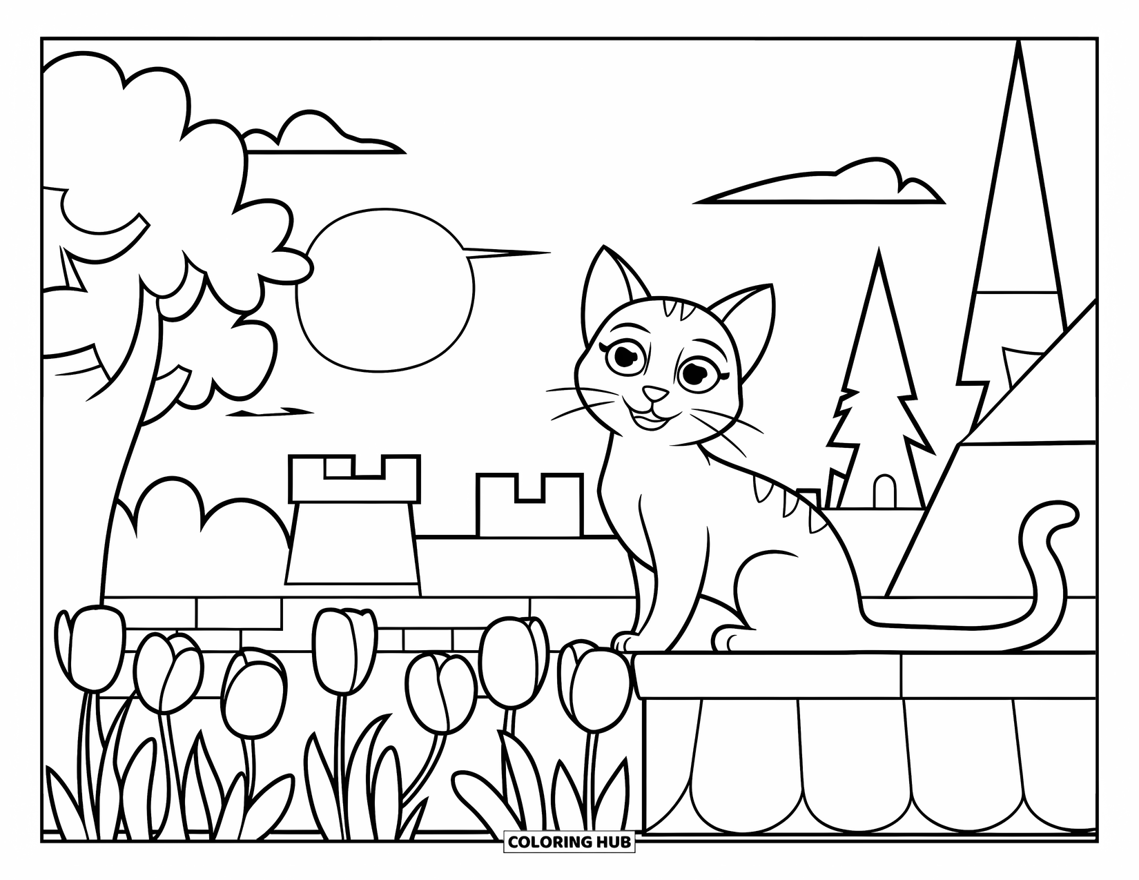 Desenho de pôr do sol para colorir para crianças: Um gato empoleira-se em um telhado acima de tulipas e vistas do castelo ao pôr do sol