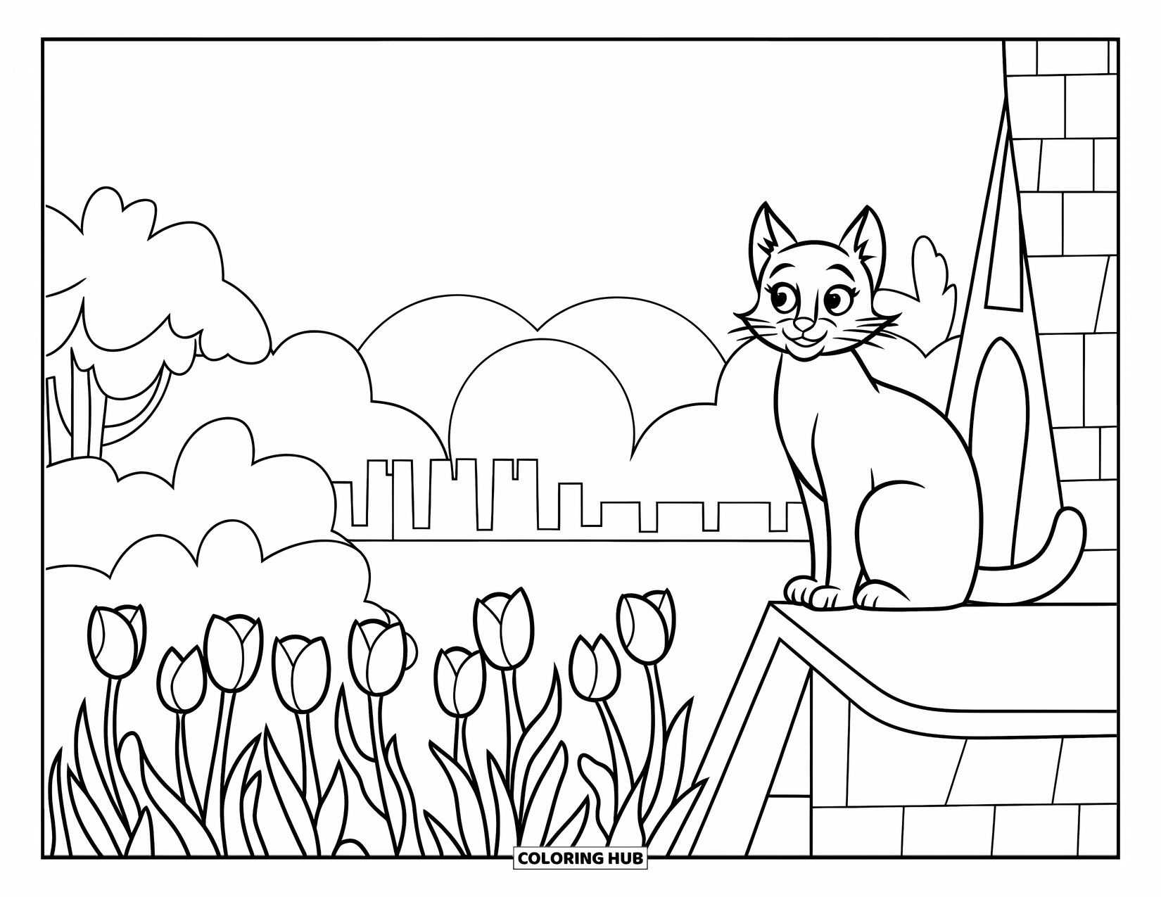 Desenho de pôr do sol para colorir para crianças: Um gato se senta em um telhado, admirando tulipas e uma vista do pôr do sol