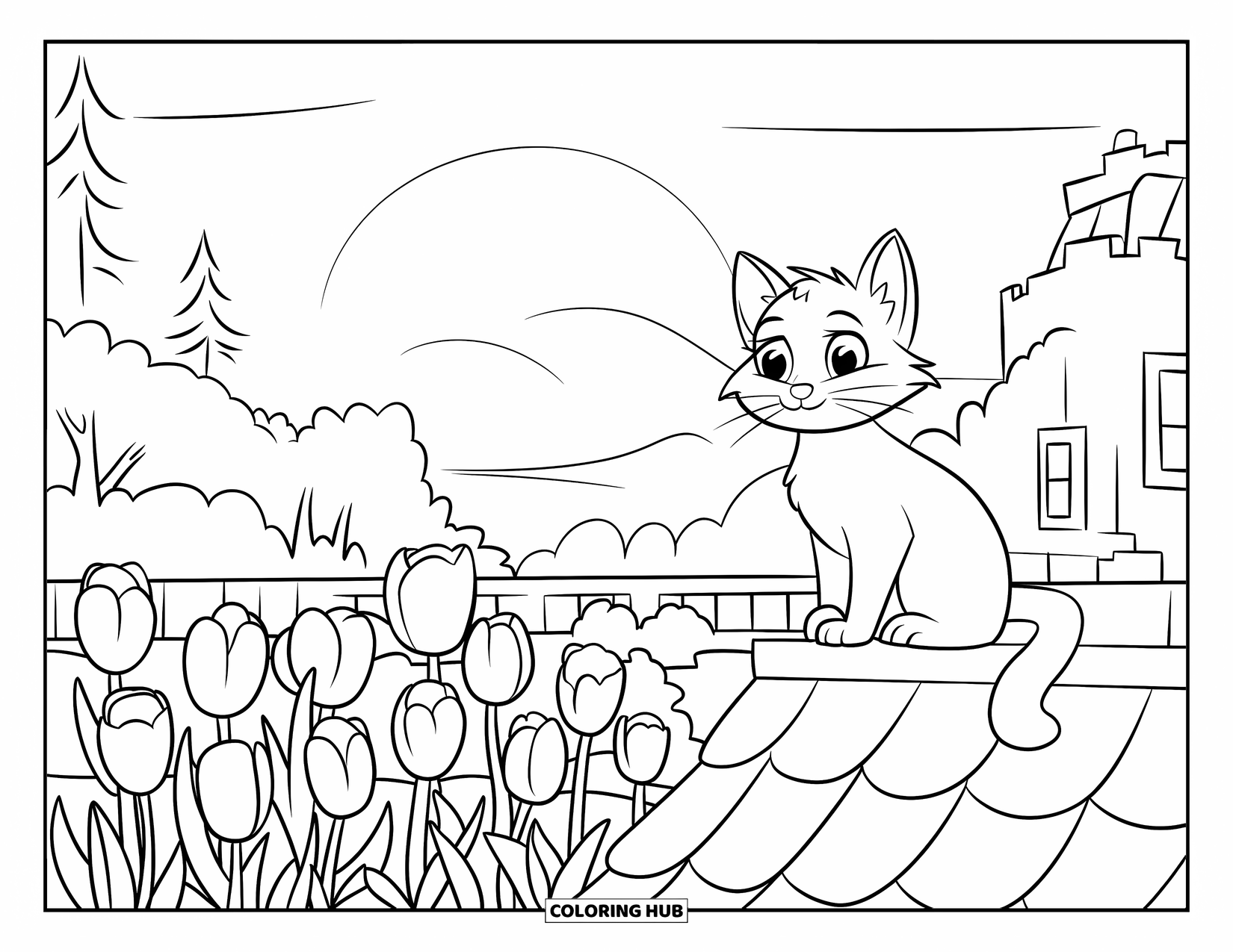 Desenho de pôr do sol para colorir para crianças: Um gato aconchegante observa o pôr do sol acima de um campo de tulipas floridas