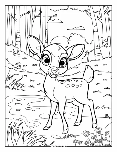 Coloriage de coucher de soleil pour enfants : Un cerf mignon se tient dans une clairière forestière, regardant le coucher de soleil à travers les arbres