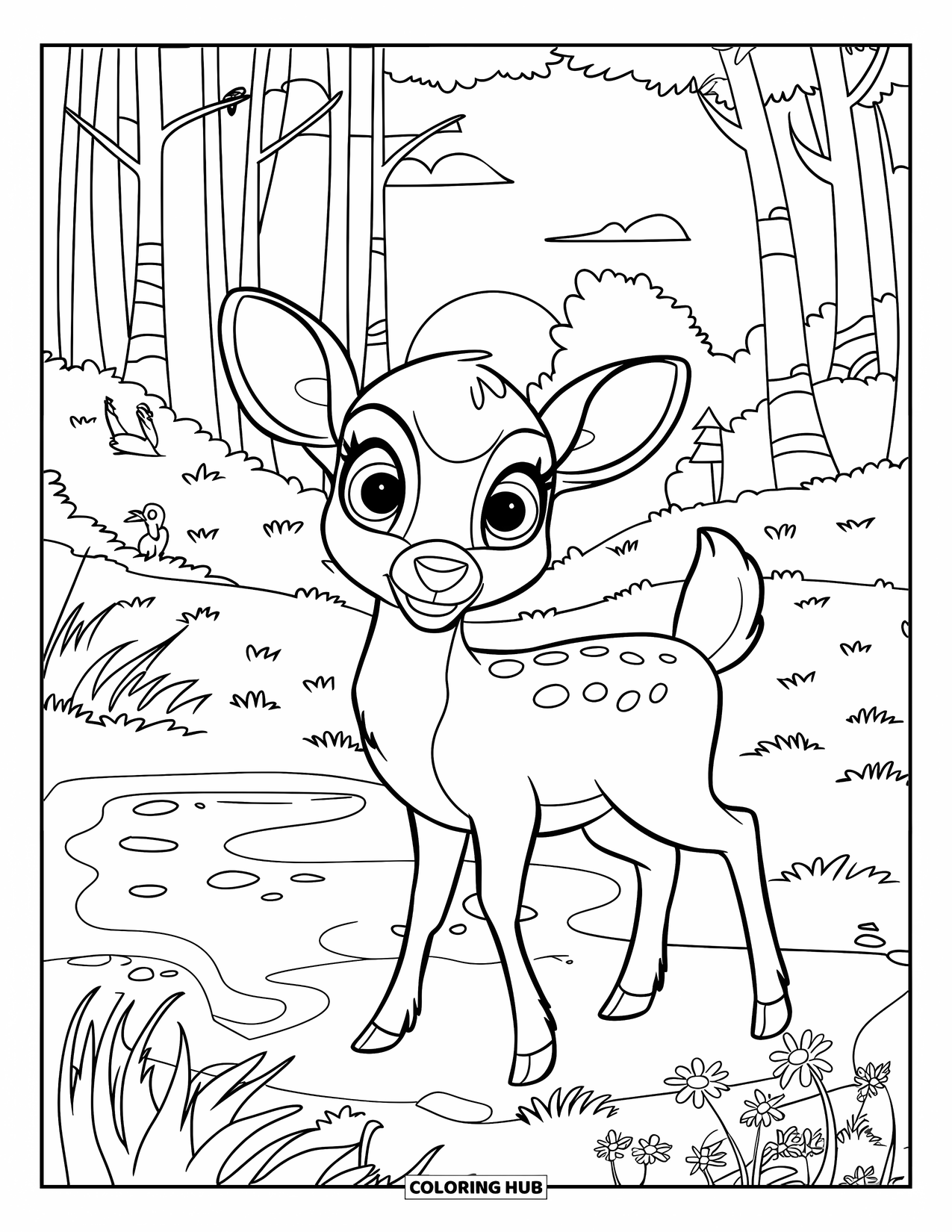 Desenho de pôr do sol para colorir para crianças: Um cervo fofo fica em uma clareira da floresta, observando o pôr do sol através das árvores