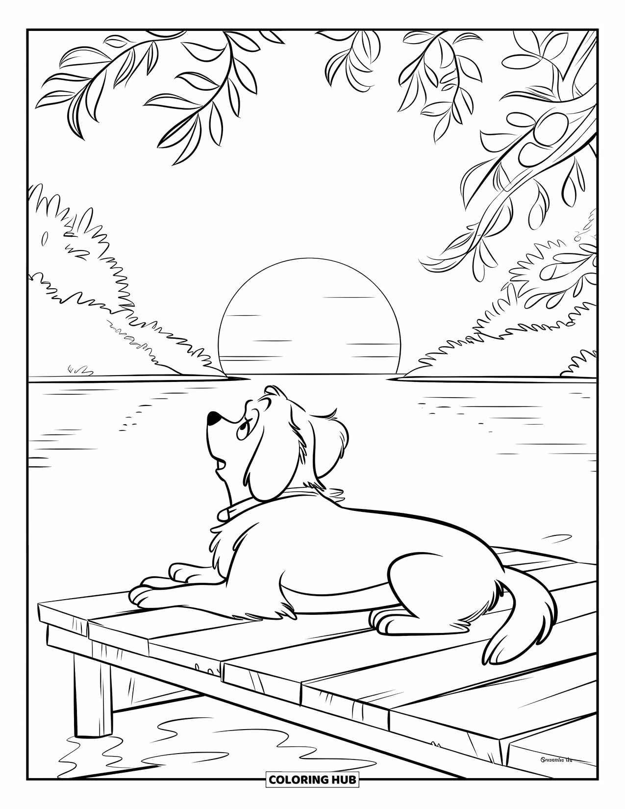 Desenho de pôr do sol para colorir para crianças: Um cachorro com coleira relaxa em um cais enquanto o sol se põe