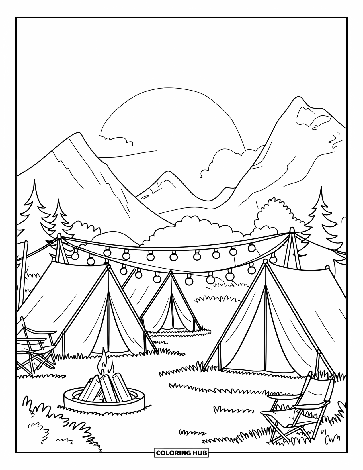 Desenho de pôr do sol para colorir para crianças: Uma fogueira aquece um acampamento gramado com barracas e luzes brilhantes