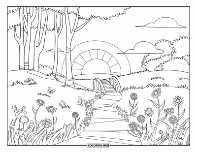 Coloriage de coucher de soleil pour enfants : Un chemin fleuri mène à un pont en bois sous un doux coucher de soleil