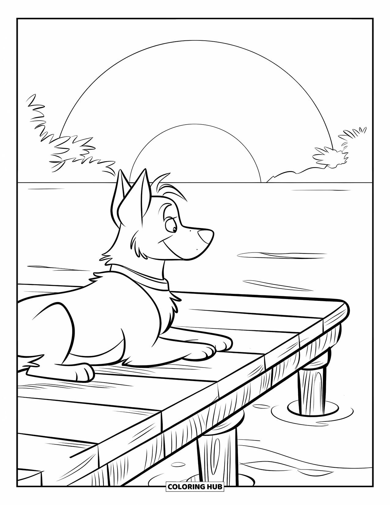 Desenho de pôr do sol para colorir para crianças: Um cachorro fofo está deitado em um cais, observando o pôr do sol sobre águas calmas