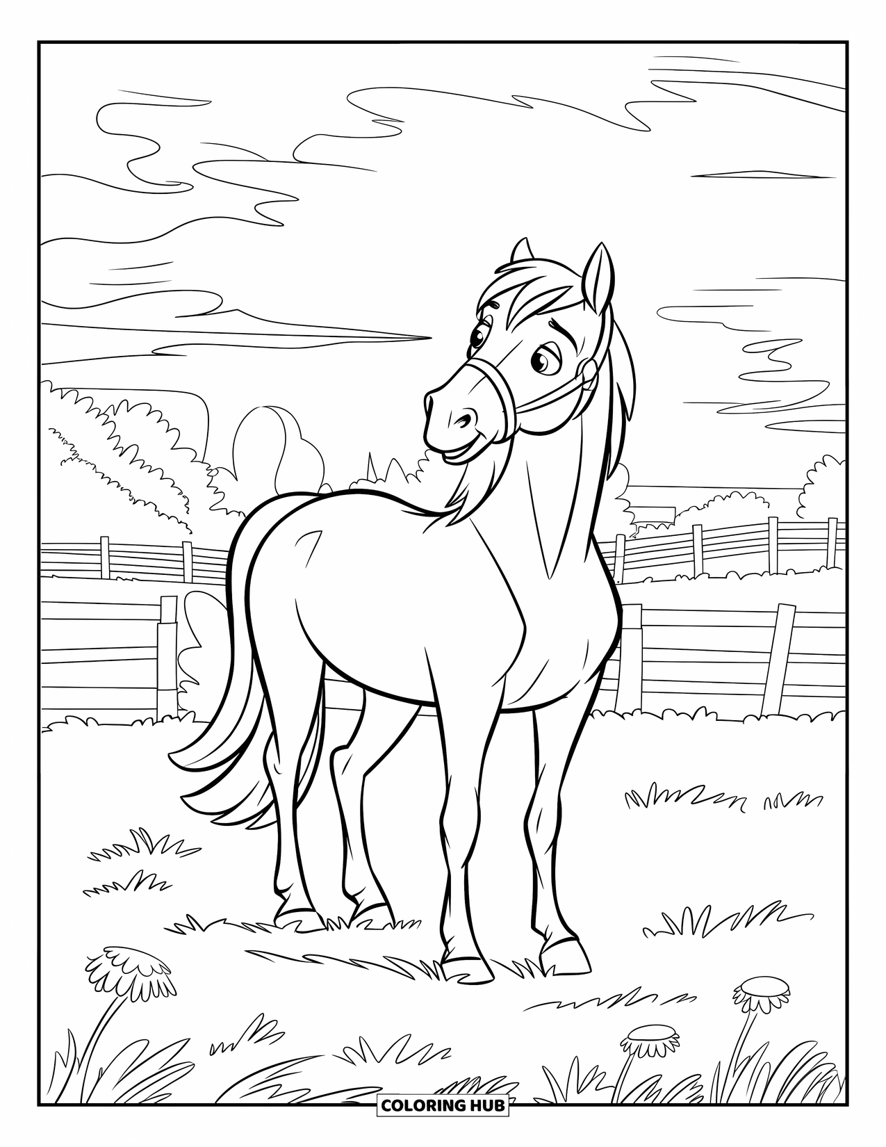 Desenho de pôr do sol para colorir para crianças: Um cavalo gentil em um campo olha para o pôr do sol com árvores atrás