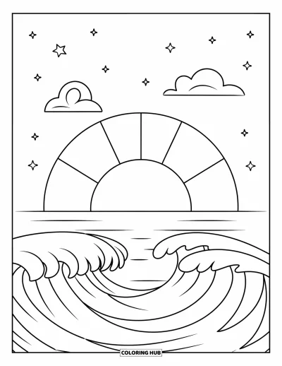 Coloriage de coucher de soleil pour enfants : Un soleil éclatant se couche sur les vagues de l'océan avec des nuages et des étoiles à proximité