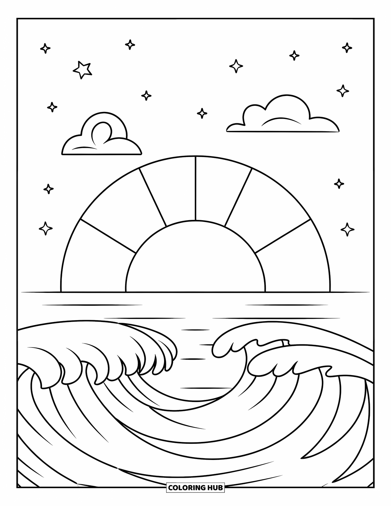 Desenho de pôr do sol para colorir para crianças: Um sol brilhante se põe sobre as ondas do oceano com nuvens e estrelas por perto