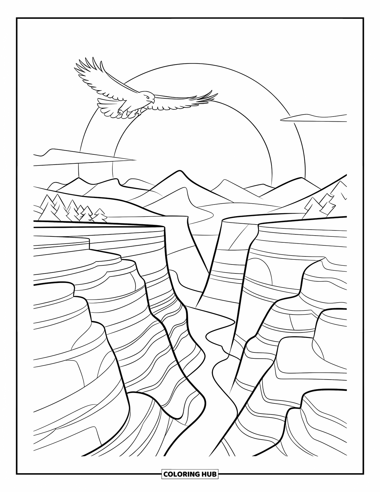Desenho de pôr do sol para colorir para crianças: Um falcão desliza sobre penhascos do cânion durante um pôr do sol brilhante