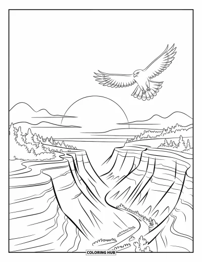 Coloriage de coucher de soleil pour enfants : Un faucon plane au-dessus des falaises rocheuses du canyon alors que le soleil se couche