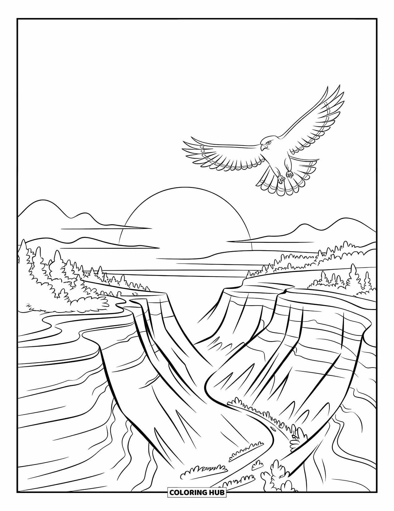 Desenho de pôr do sol para colorir para crianças: Um falcão voa acima de penhascos rochosos do cânion enquanto o sol se põe