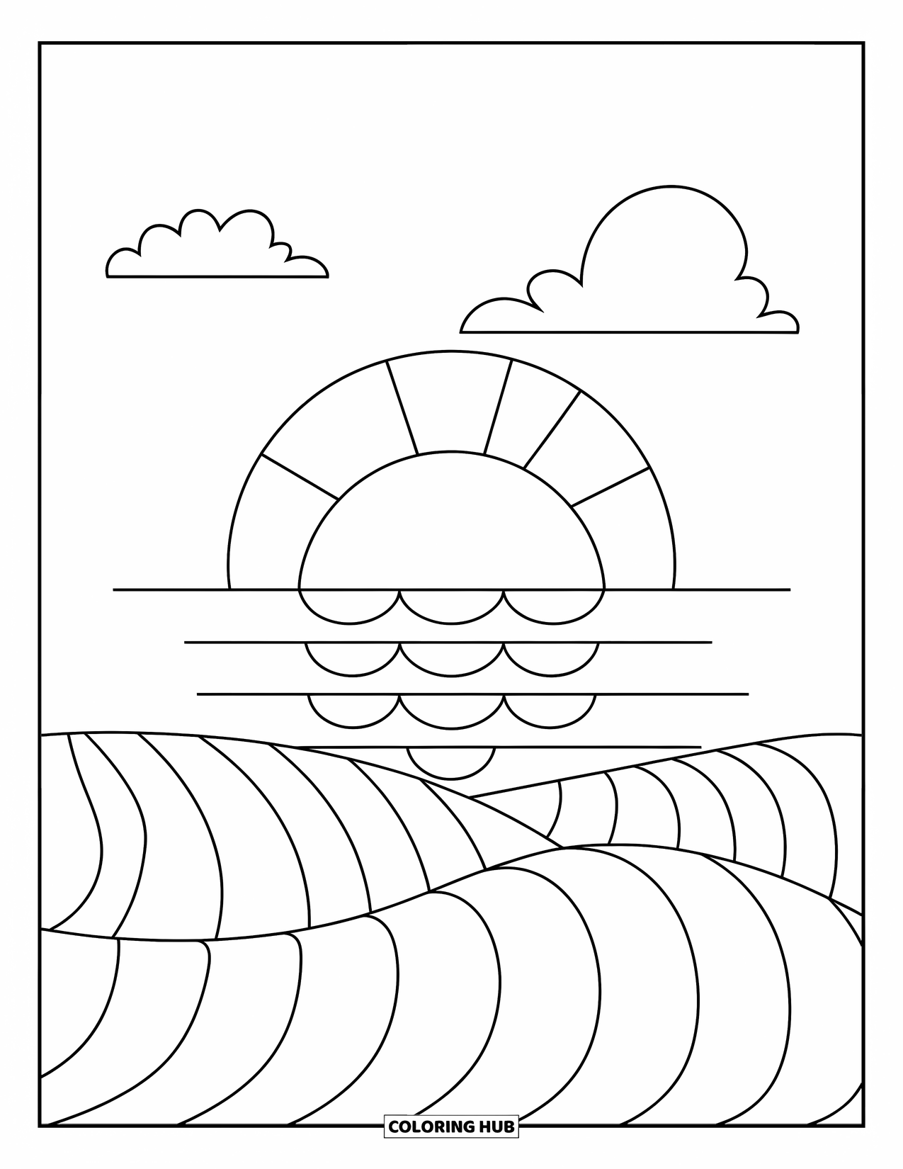 Desenho de pôr do sol para colorir para crianças: Um grande sol afunda em ondas calmas com duas nuvens fofas acima