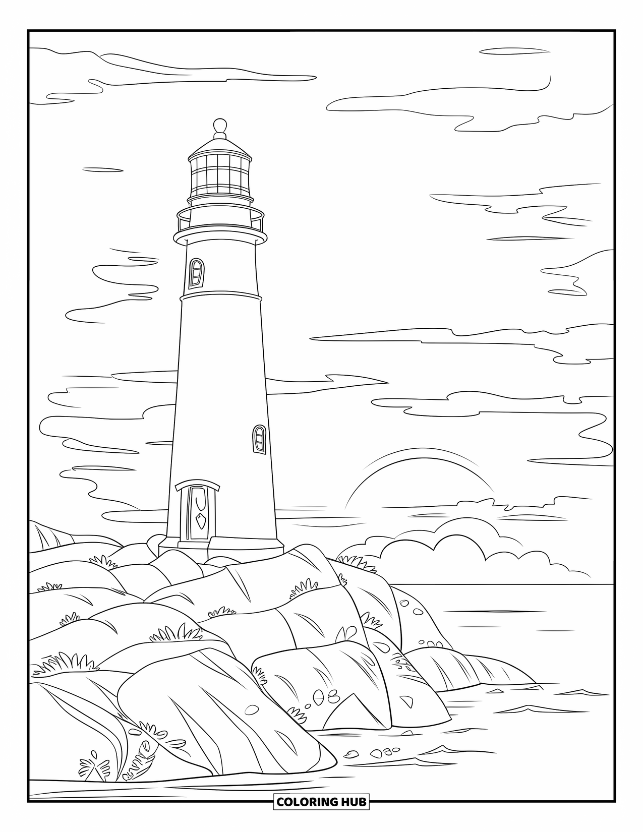 Desenho de pôr do sol para colorir para crianças: Um farol em falésias olha para o mar enquanto o sol começa a se pôr