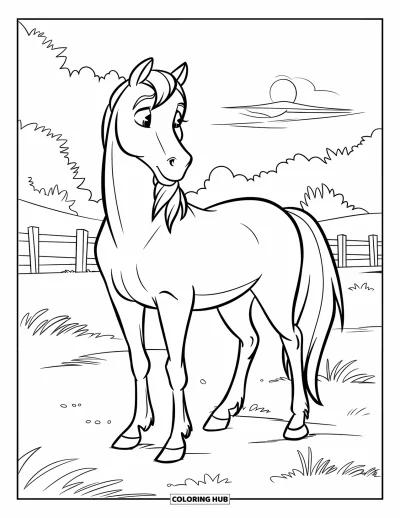 Coloriage de coucher de soleil pour enfants : Un cheval paisible se tient dans un champ, entouré de clôtures et de ciels chauds