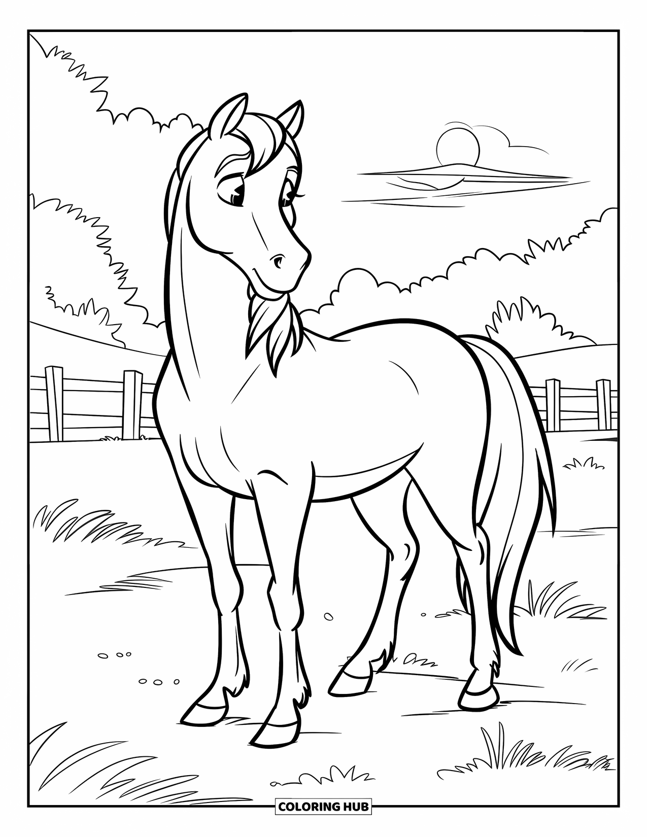 Desenho de pôr do sol para colorir para crianças: Um cavalo tranquilo fica em um campo, cercado por cercas e céus quentes