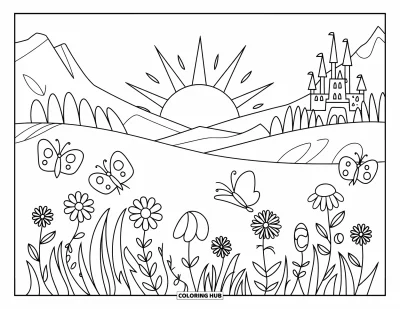 Coloriage de coucher de soleil pour enfants : Une prairie paisible avec des fleurs sauvages et des papillons brille sous un ciel de coucher de soleil