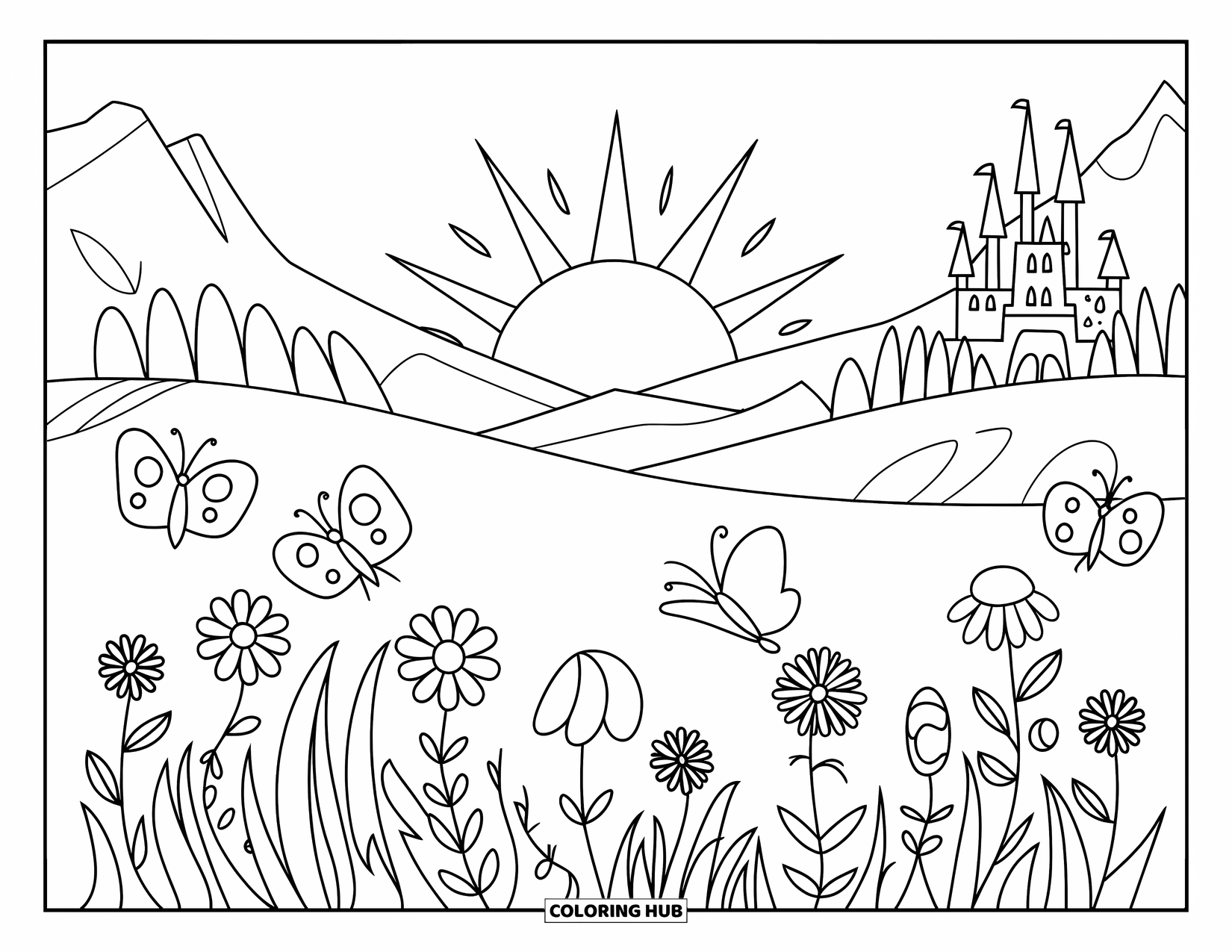 Desenho de pôr do sol para colorir para crianças: Um prado tranquilo com flores silvestres e borboletas brilha sob um céu de pôr do sol