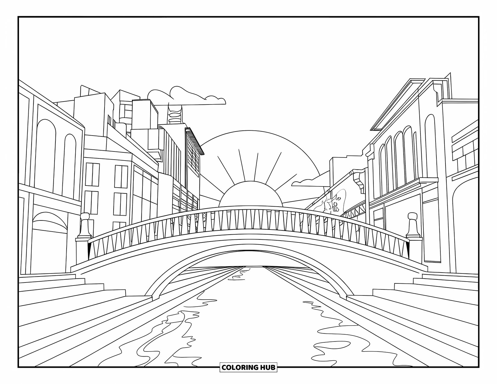 Desenho de pôr do sol para colorir para crianças: Uma ponte tranquila se arqueia sobre um rio com o sol se pondo atrás dos edifícios