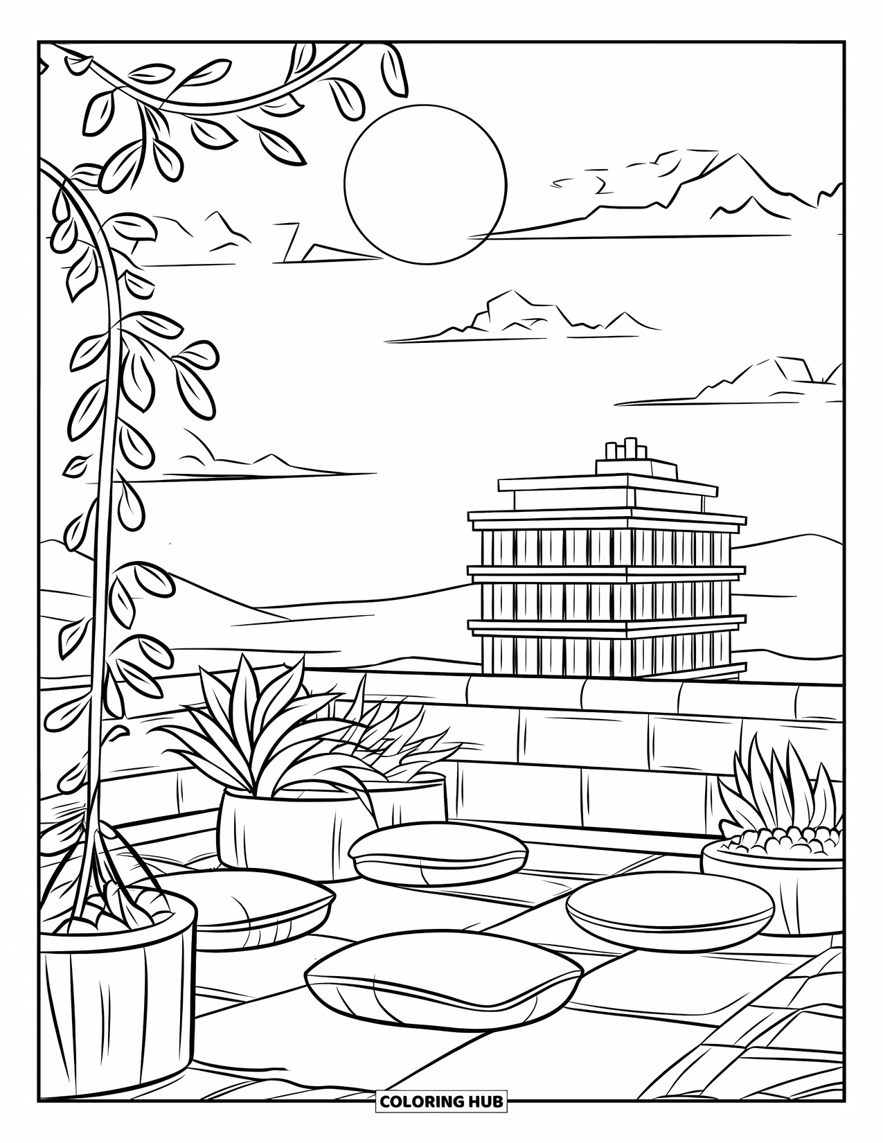 Desenho de pôr do sol para colorir para crianças: Um jardim na cobertura com plantas frondosas descansa sob um céu de pôr do sol suave