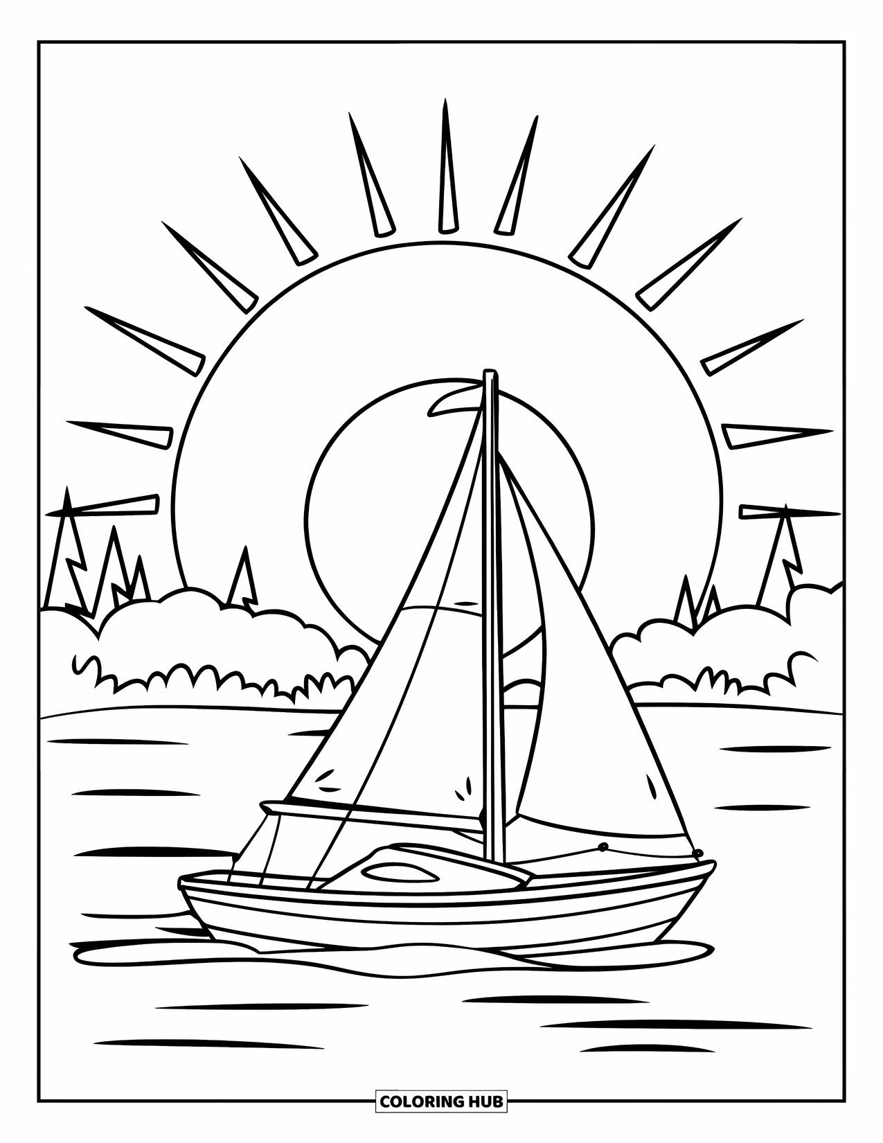 Desenho de pôr do sol para colorir para crianças: Um veleiro flutua em águas calmas com o pôr do sol brilhando atrás dele