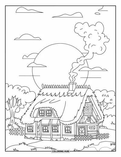 Coloriage de coucher de soleil pour enfants : Une petite maison avec de la fumée de la cheminée brille dans le doux coucher de soleil