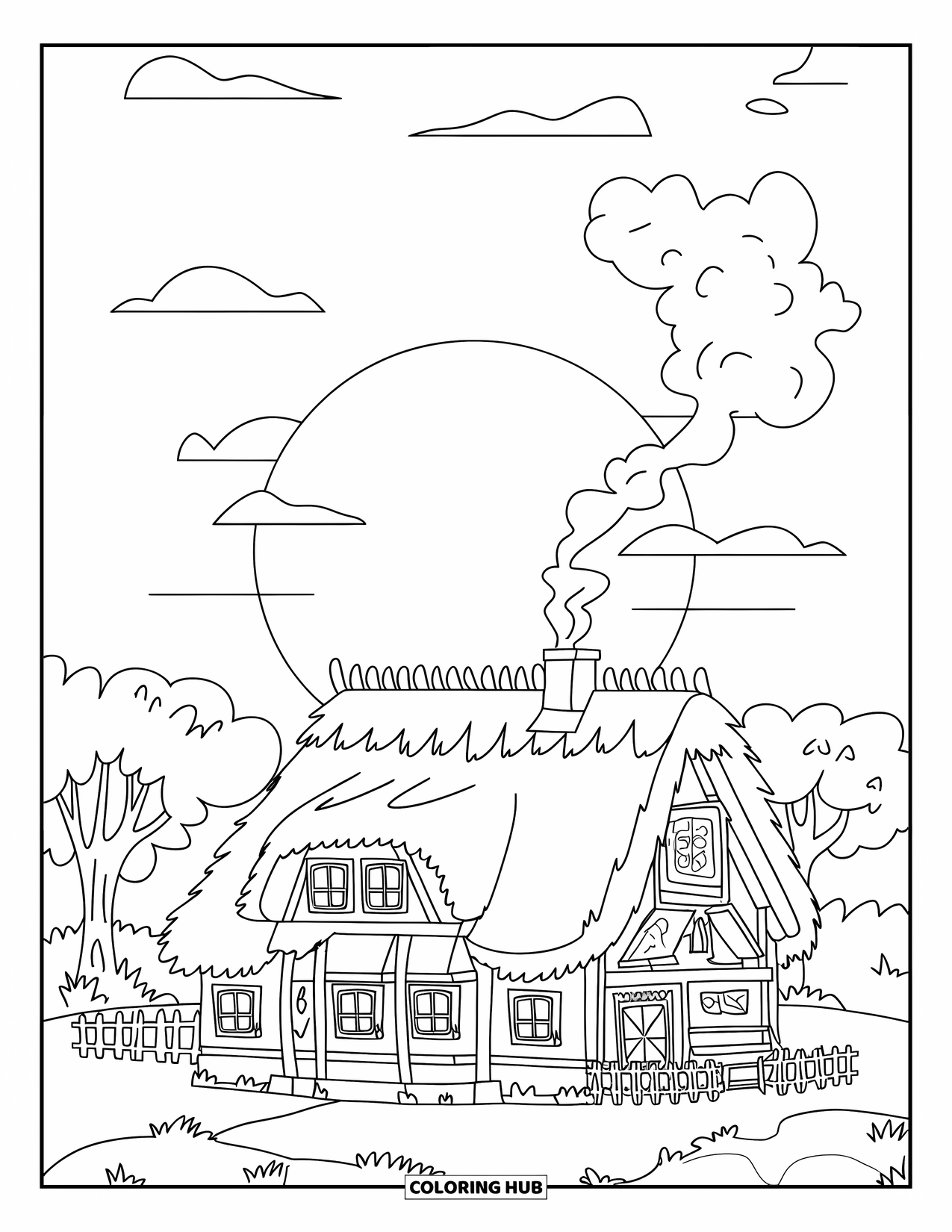 Desenho de pôr do sol para colorir para crianças: Uma pequena casa com fumaça da chaminé brilha no pôr do sol suave