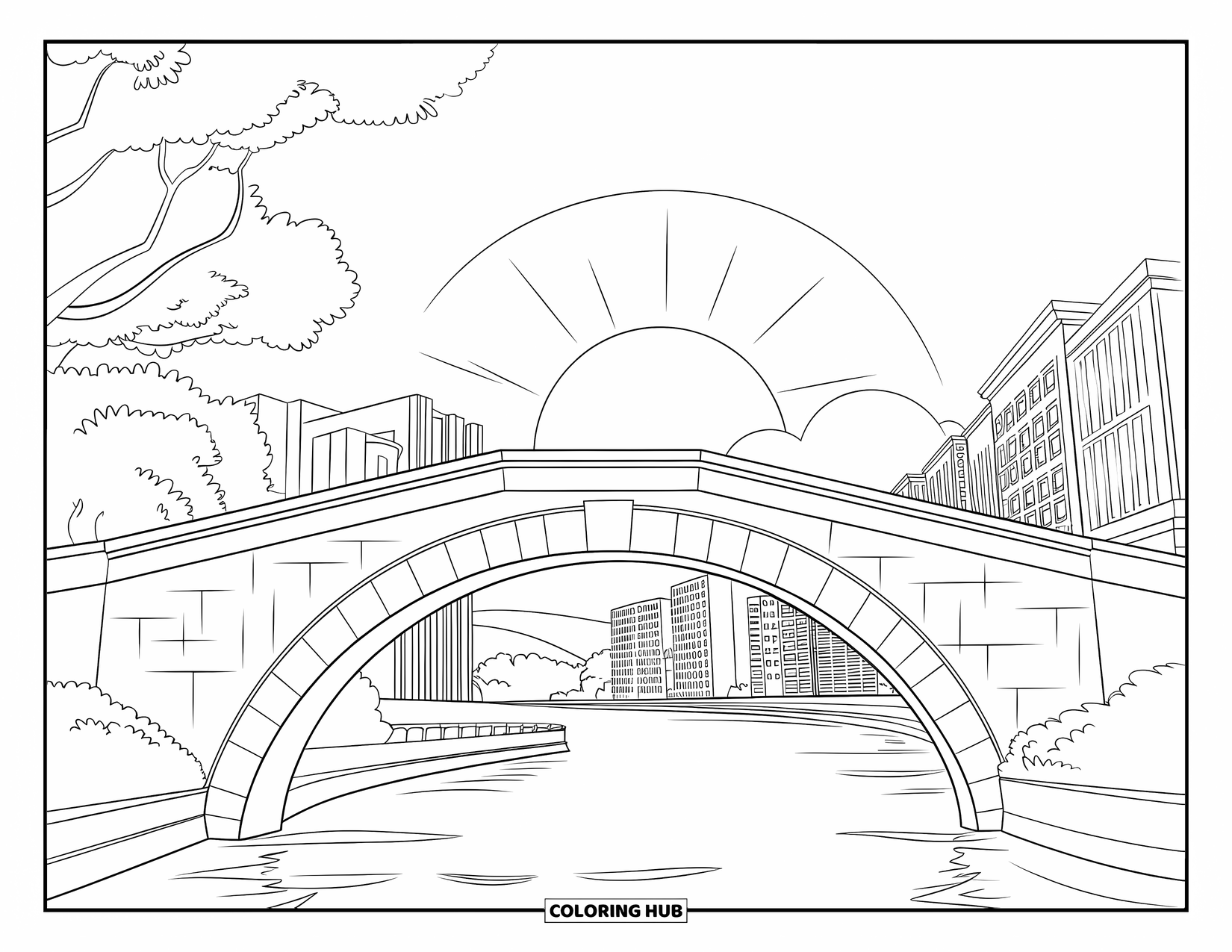 Desenho de pôr do sol para colorir para crianças: Uma ponte de pedra se estende sobre águas calmas sob um céu da cidade ao pôr do sol