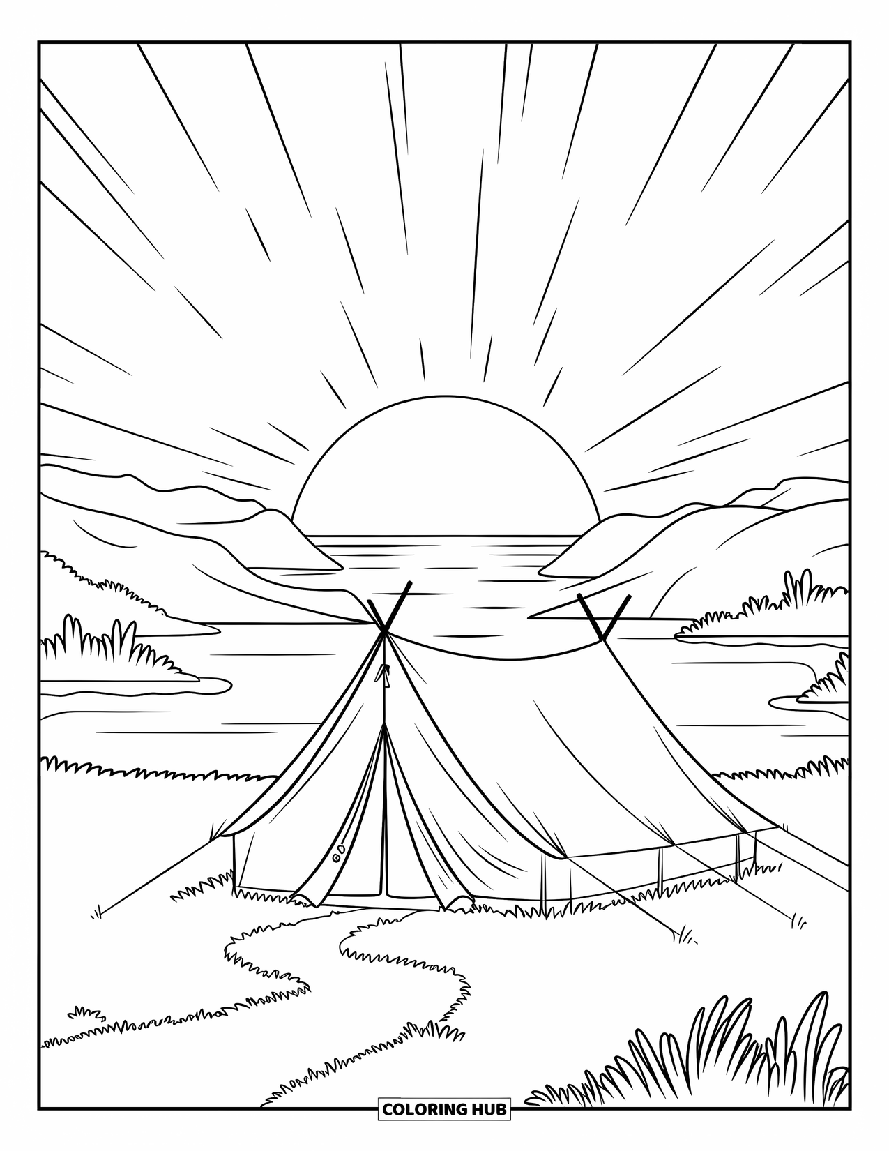 Desenho de pôr do sol para colorir para crianças: Uma barraca perto de um lago brilha suavemente enquanto o sol se põe atrás das colinas
