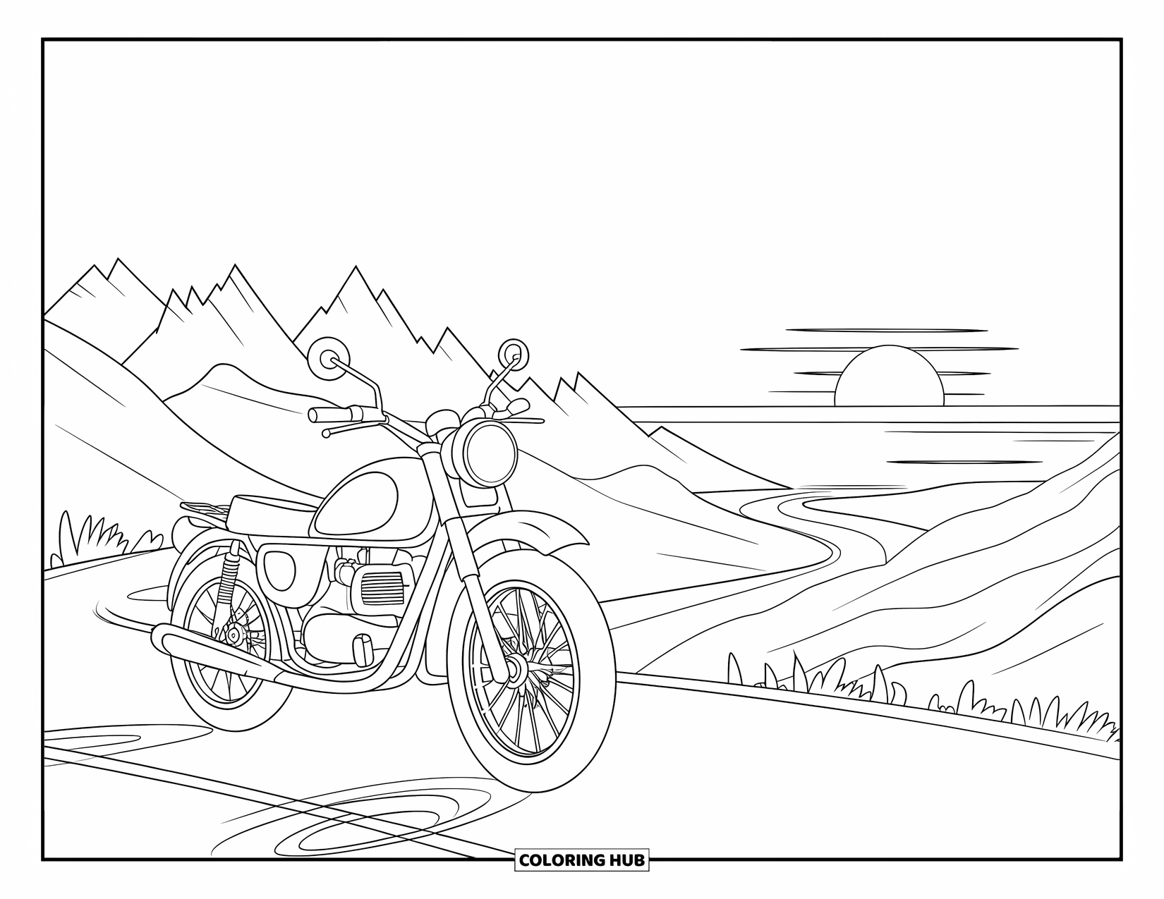 Desenho de pôr do sol para colorir para crianças: Uma motocicleta vintage tem vista para montanhas irregulares e um pôr do sol brilhante