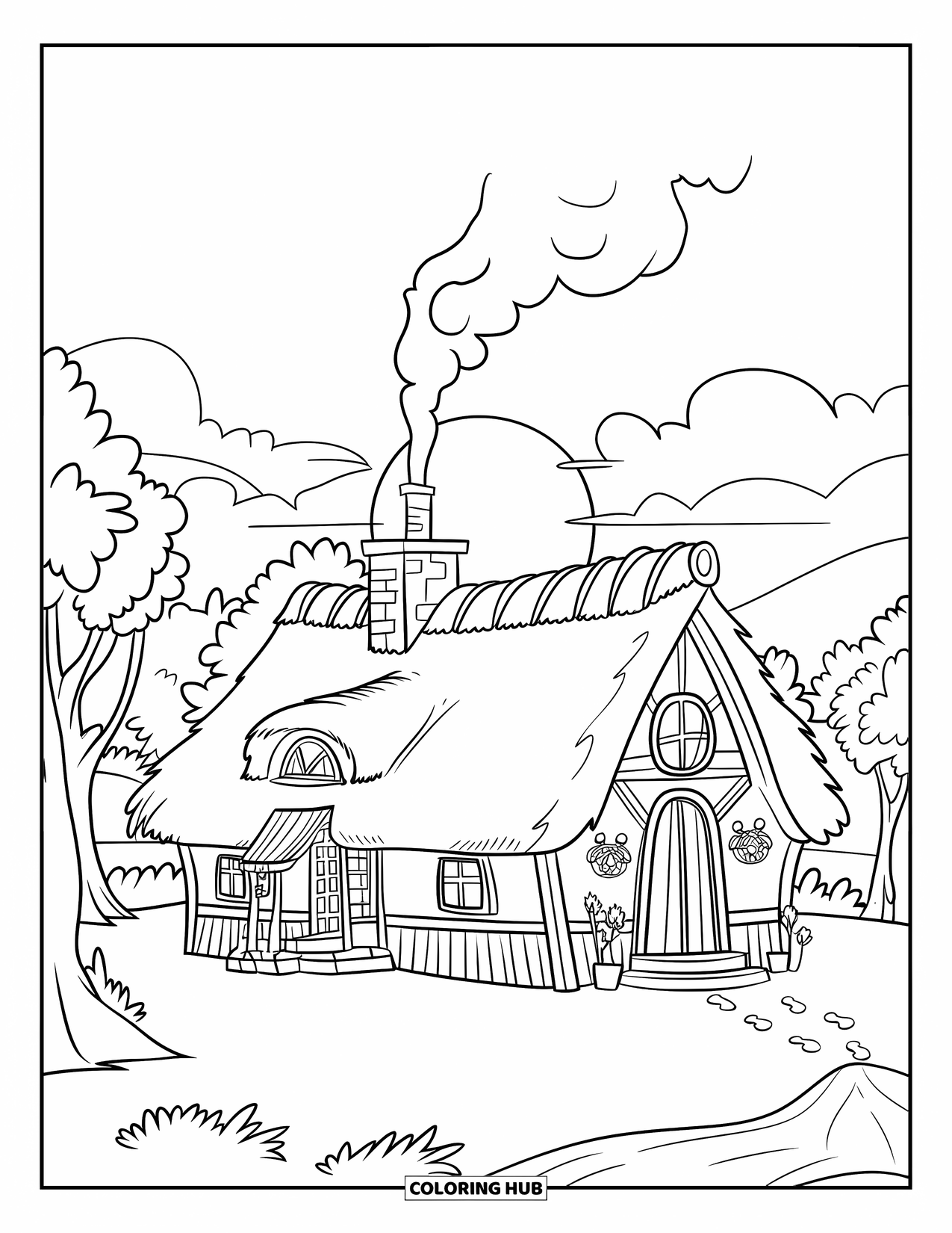 Desenho de pôr do sol para colorir para crianças: Uma casinha aconchegante fica sob o pôr do sol com árvores e colinas ao redor