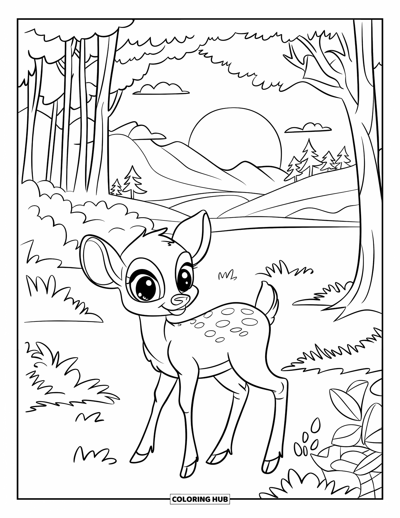 Desenho de pôr do sol para colorir para crianças: Uma ampla clareira da floresta brilha enquanto um cervo observa o pôr do sol dourado