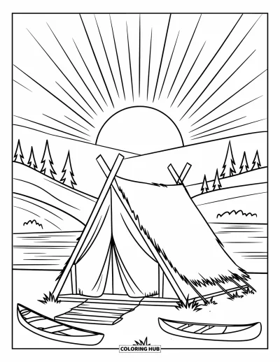 Coloriage de coucher de soleil pour enfants : Une tente en bois est située près d'un lac calme avec le coucher de soleil brillant derrière