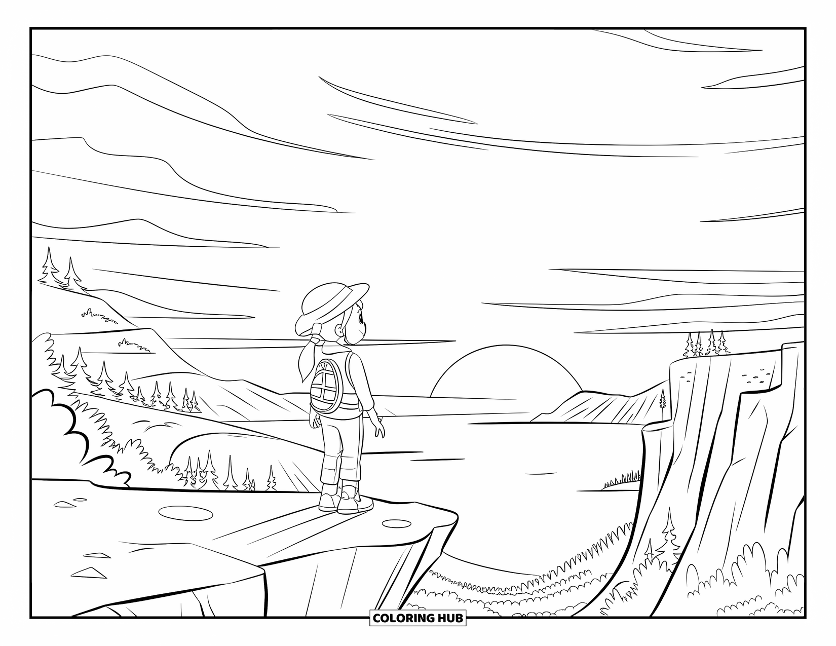 Desenho de pôr do sol para colorir para crianças: Um jovem caminhante observa o pôr do sol sobre colinas, árvores e lagos