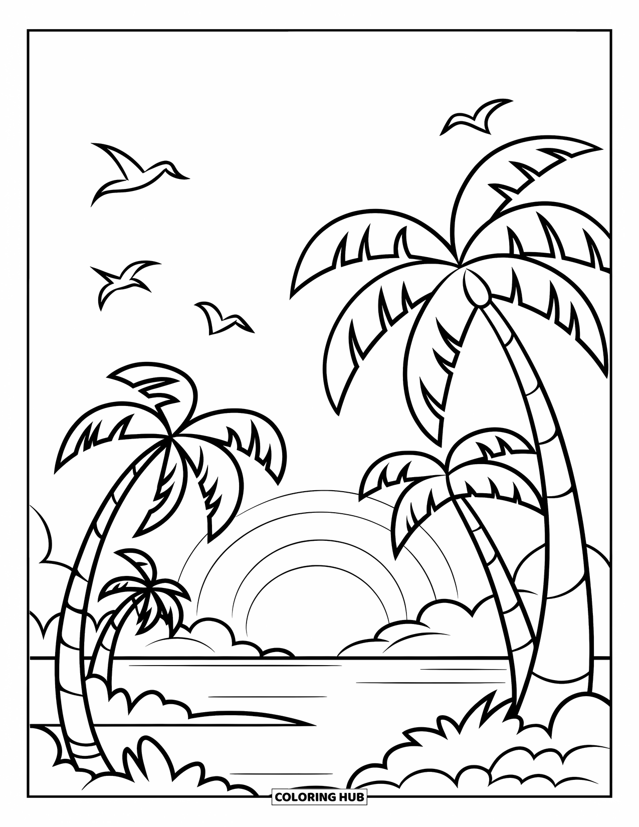 Desenho de pôr do sol para colorir para crianças: Pássaros voam acima de palmeiras em uma ilha alegre ao pôr do sol