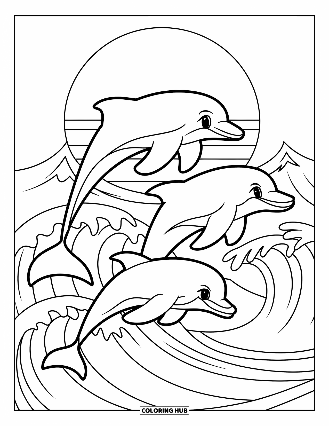 Desenho de pôr do sol para colorir para crianças: Golfinhos saltam pelas ondas enquanto o sol se põe atrás deles