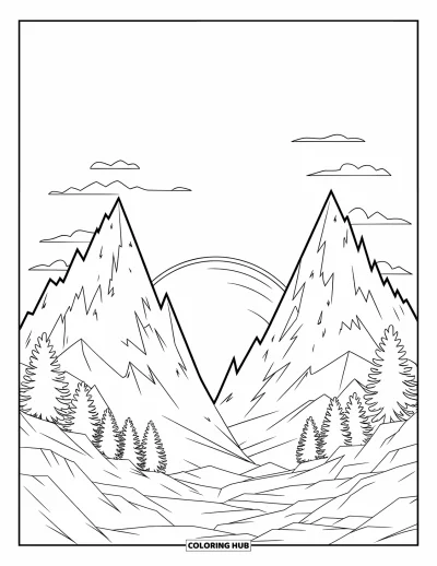 Coloriage de coucher de soleil pour enfants : Des montagnes déchiquetées s'élèvent sous un coucher de soleil flamboyant avec de la neige et des arbres en contrebas