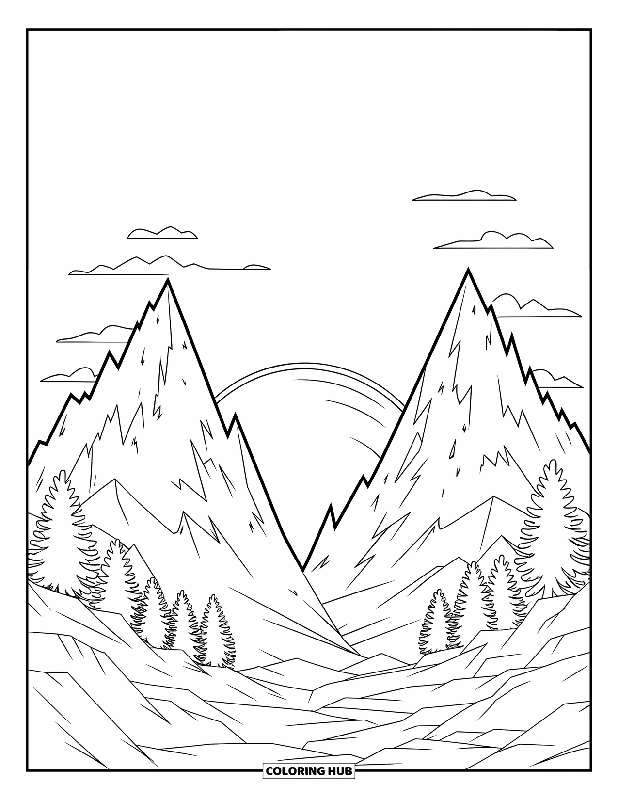 Desenho de pôr do sol para colorir para crianças: Montanhas irregulares se elevam sob um pôr do sol brilhante com neve e árvores abaixo
