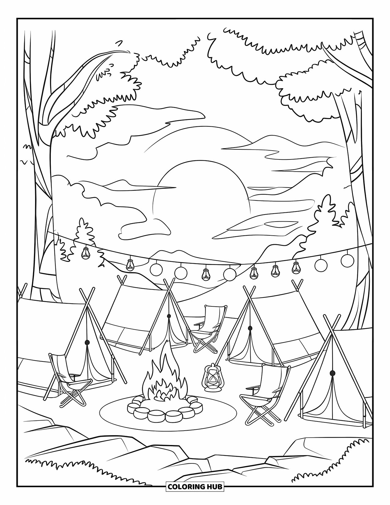 Desenho de pôr do sol para colorir para crianças: Lanternas e barracas iluminam um acampamento rochoso durante o pôr do sol