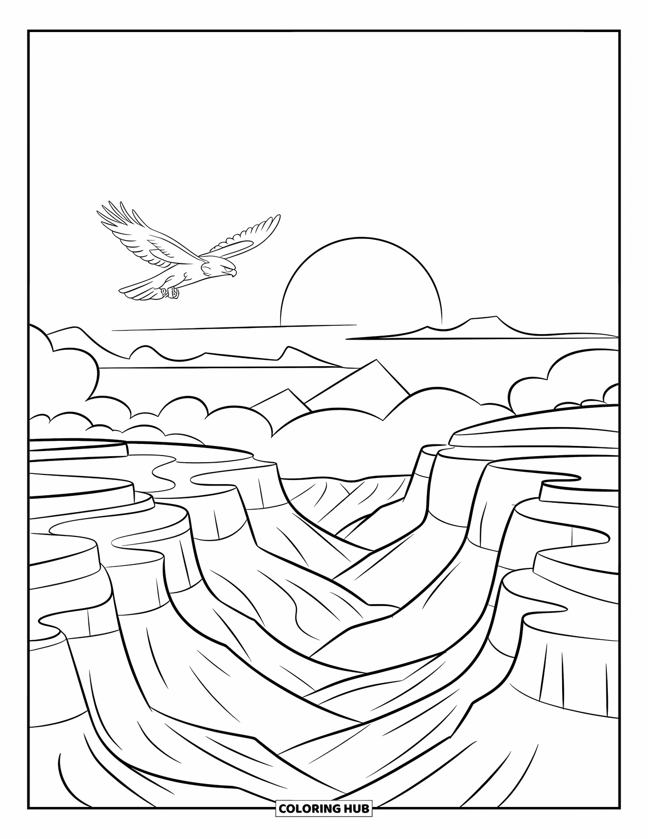 Desenho de pôr do sol para colorir para crianças: Rochas em camadas do cânion brilham enquanto um falcão voa pelo céu do pôr do sol