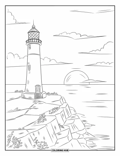 Coloriage de coucher de soleil pour enfants : Des marches mènent à un grand phare brillant dans la douce lumière du soir