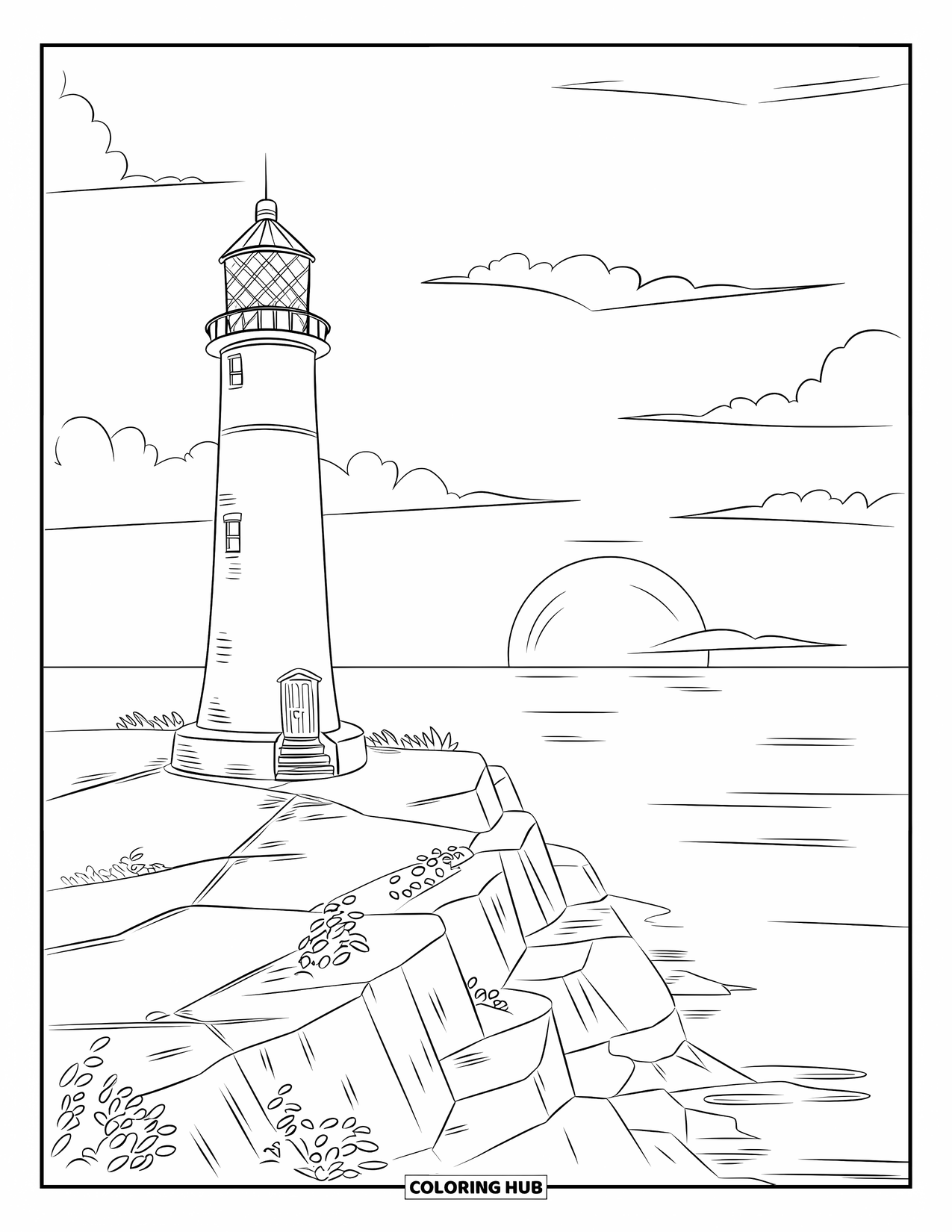 Desenho de pôr do sol para colorir para crianças: Degraus levam a um farol alto brilhando na luz quente da noite