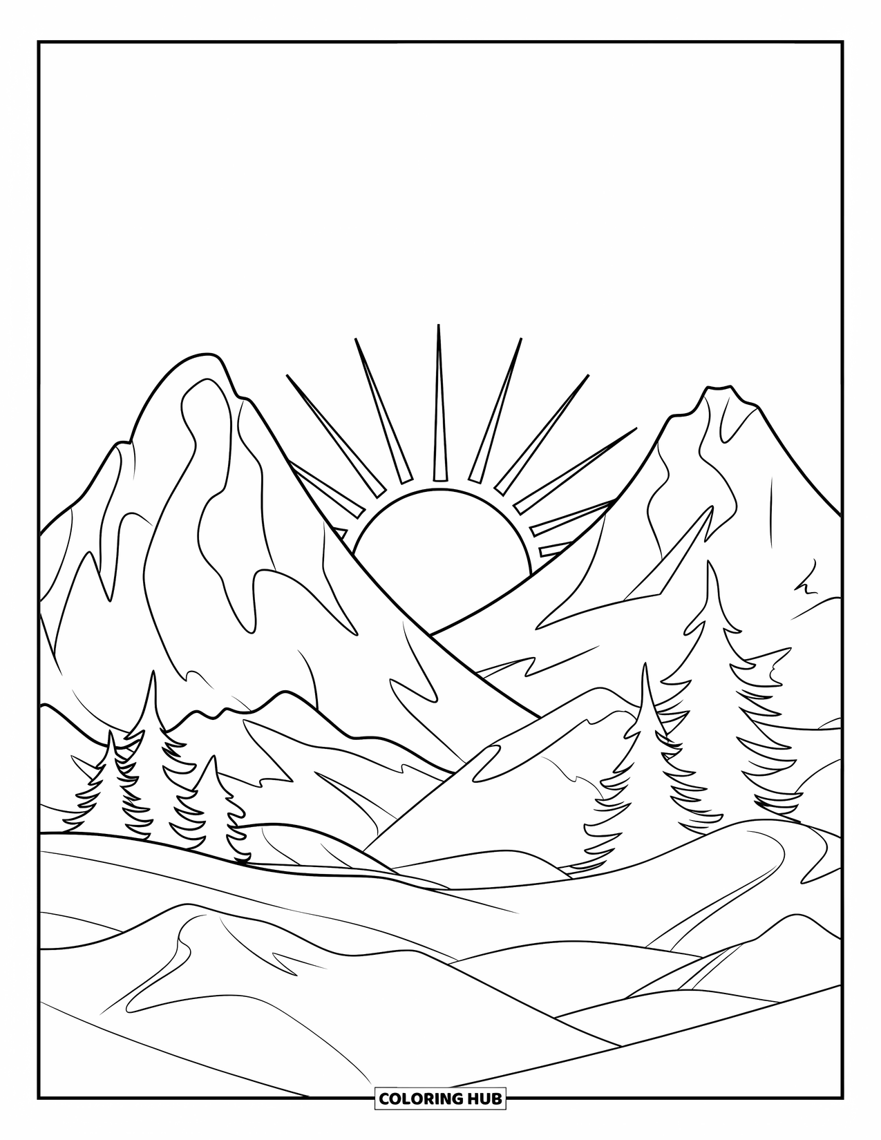 Desenho de pôr do sol para colorir para crianças: O sol se põe entre montanhas altas com pinheiros em sua base