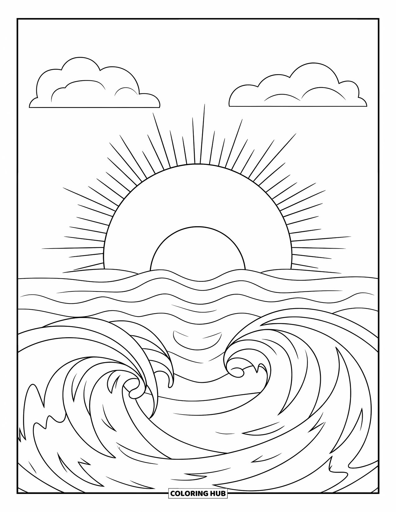 Desenho de pôr do sol para colorir para crianças: O sol se põe sobre ondas tranquilas sob duas nuvens no céu