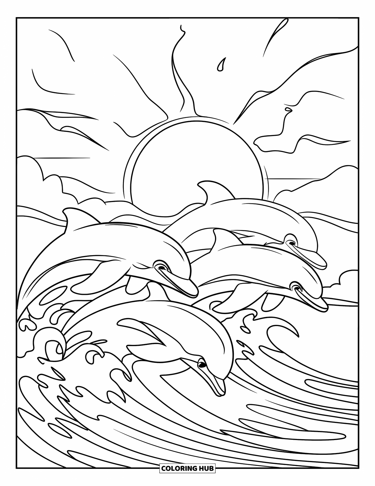 Desenho de pôr do sol para colorir para crianças: Três golfinhos saltam acima das ondas do oceano enquanto o sol se põe