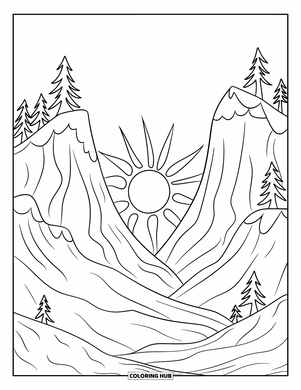 Desenho de pôr do sol para colorir para crianças: Duas grandes montanhas emolduram o sol sorrindo enquanto ele se põe entre elas