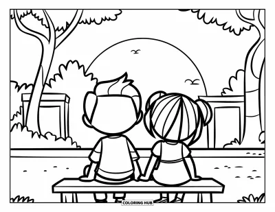 Coloriage de coucher de soleil pour enfants : Deux enfants sont assis ensemble sur un banc avec le coucher de soleil au loin