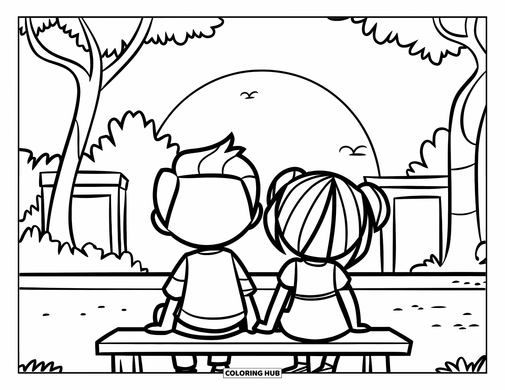 Desenho de pôr do sol para colorir para crianças: Duas crianças sentam-se juntas em um banco com o pôr do sol ao longe