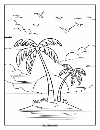 Coloriage de coucher de soleil pour enfants : Deux palmiers se dressent sur une île tandis que des oiseaux traversent le ciel au coucher du soleil