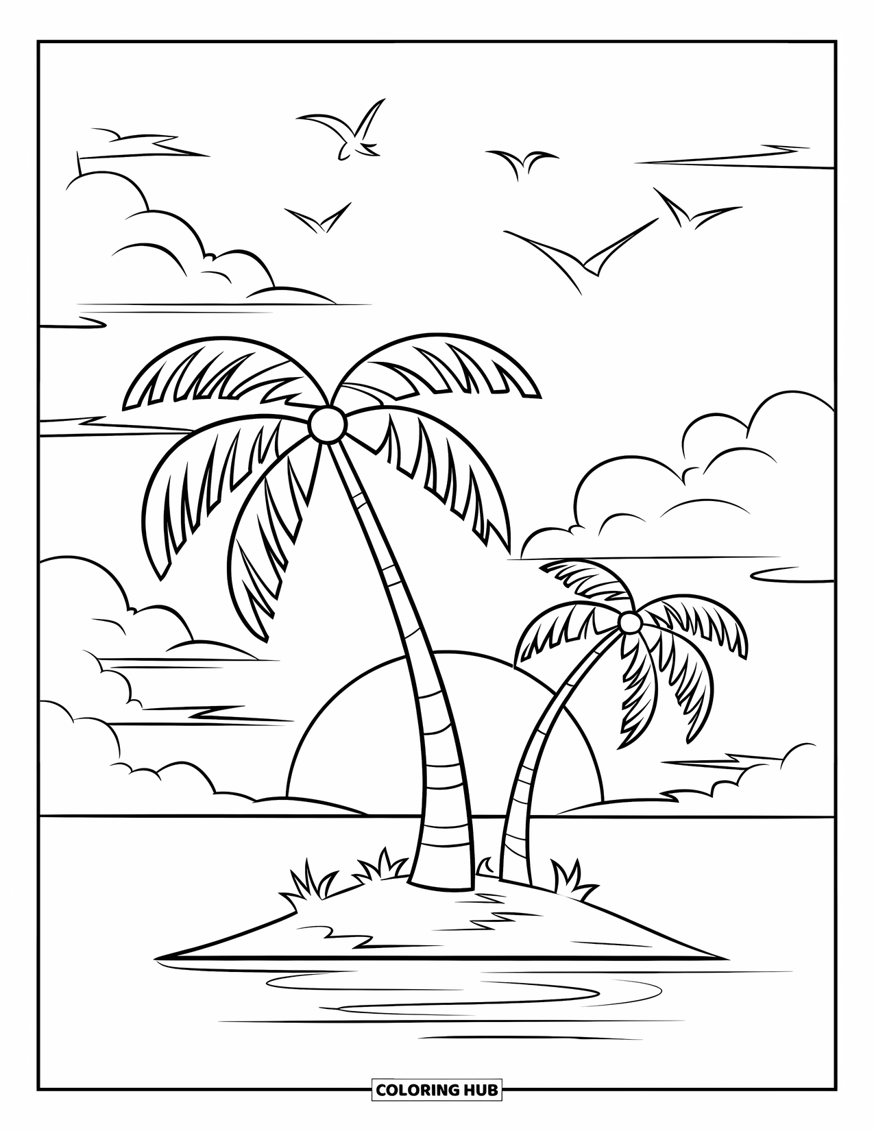 Desenho de pôr do sol para colorir para crianças: Duas palmeiras se erguem em uma ilha enquanto pássaros voam através de um céu de pôr do sol